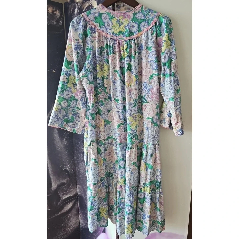 Vintage 80s Models Coat Nightgown Floral Patio‎ House Dress MuuMuu Snap Front 14